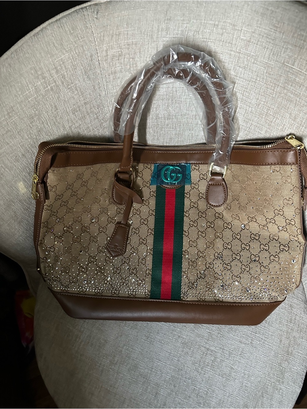 Brown Bling GG Canvas Tote with Signature Web Stripe - Picture 8 of 11